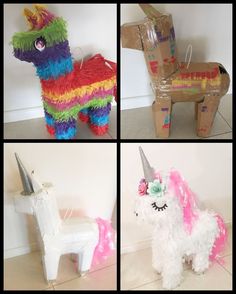 four pictures of different types of unicorns made out of paper mache and cardboard boxes