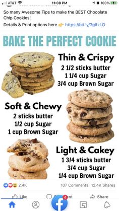 an iphone screenshot shows the menu for cookies and other desserts on it, with text that reads bake the perfect cookie