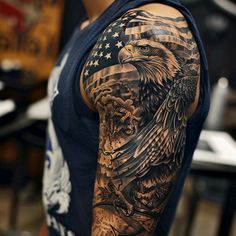 Unique Mens Full Sleeve Tattoo Tattoo Drafts Men’s Traditional Arm Sleeve, Western Full Sleeve Tattoo, American Flag With Eagle Tattoo, Mens Sleeve Tattoo Ideas Family, Cool Tattoo Sleeve Men, Color Tattoos Men, Men’s Family Arm Sleeve Tattoo, Cool Upper Arm Tattoos, Eagle Sleeve Tattoo Men