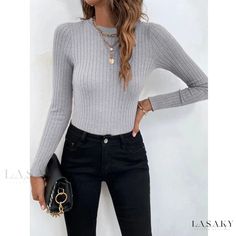 Lasaky - Round-necked Long-sleeved Knit Pullover Sweater Winter Long Sleeve Top With Ribbed Neckline, Chic Long Sleeve Sweater With Ribbed Neckline, Elegant Gray Crew Neck Sweater, Winter Layering Long Sleeve Top With Ribbed Neckline, Trendy Ribbed Crew Neck Sweater, Elegant Gray Ribbed Sweater, Stretch Sweater With Ribbed Neckline For Fall, Fall Sweater With Ribbed Neckline And Stretch, Fall Sweater With Stretch And Ribbed Neckline