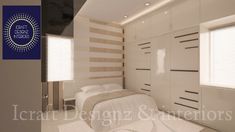 the interior of a bedroom with white and beige decor