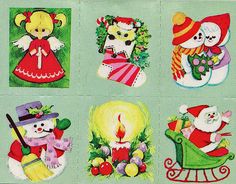 four christmas cards with teddy bears and other holiday decorations on them, all decorated in green