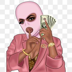 a woman wearing a pink outfit holding money in her hand