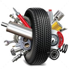 an assortment of car parts including tires and wrenches - objects 3d renderer image