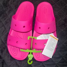 Reposhing This Item I Purchased From @Ghtfashion. Love Them, But They Are Too Flat For My Bad Back. Questions? Leave A Comment Below! Pink Round Toe Slides For Beach, Pink Open Toe Slides With Rubber Sole, Pink Crocs Slides, Croc Slides, Pink Non-slip Slides, Croc Sandals, Yellow Crocs, Crocs Slides, Crocs Pink