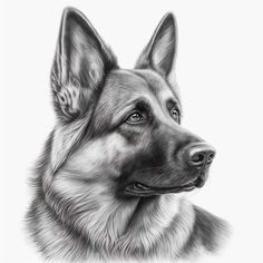 a black and white drawing of a german shepherd dog's head, looking to the side