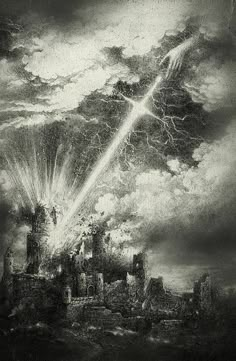 a black and white drawing of lightning striking over a city