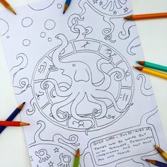 an octopus coloring page with colored pencils next to it