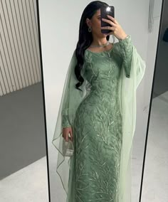 Green Gown With Floral Embroidery For Eid, Semi-stitched Long Sleeve Gown With Floral Embroidery, Semi-stitched Long Sleeve Floral Embroidered Gown, Long Sleeve Gown With Floral Embroidery For Banquets, Formal Green Gown With Resham Embroidery, Green Floor-length Dress With Chikankari Embroidery, Green Chikankari Embroidered Dress For Wedding, Green Resham Embroidered Dress For Wedding, Formal Floor-length Chikankari Dress