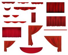 a set of red curtains and drapes on a white background with clippings