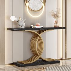 a modern console table with a circular mirror on the wall above it and a marble top