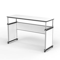 a white desk sitting on top of a metal frame