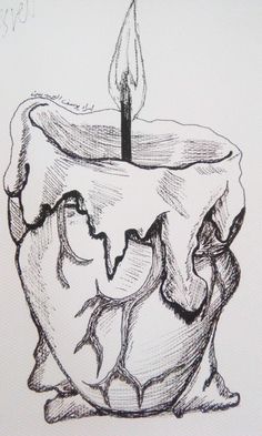 a drawing of a lit candle in a vase