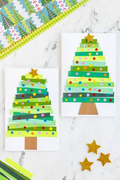 christmas tree cards made with construction paper and colored pencils