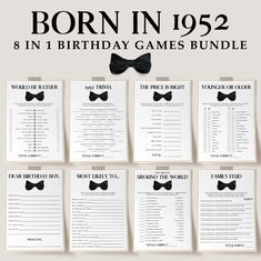 a bunch of birthday games with bow ties on them and the words born in 1932