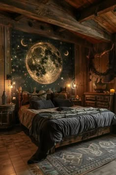 a bed room with a neatly made bed next to a night sky mural