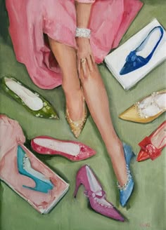 a painting of a woman's feet surrounded by shoes