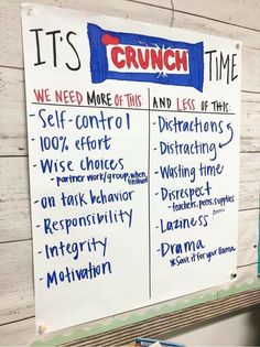 a white board with some writing on it's side next to a sign that says it's crunch