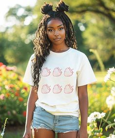 Indulge in sweetness with our Strawberry Shirt! A fruity delight, perfect as a gift for her. 🍓👕 ♥ PRODUCTION TIME: 1-5 days (Usually 2-3 days) ♥ SHIPPING TIME: 2-5 days (Usually 3 days) ♥ PRODUCT DESCRIPTION: The Comfort Colors 1717 tee is made with medium fabric (6.1 oz/yd² (206.8 g/m consisting of high quality, 100% ring-spun US cotton for long-lasting comfort. The relaxed fit keeps the wearer comfy in both casual and semi-formal settings while the crew neckline delivers that classic, neat s Cute White Tops With Fruit Design, Cute White Fruit Design Tops, Sweet Short Sleeve Cotton Shirt, Cute Cotton Tops With Fruit Design, Sweet Cotton Summer Shirt, Sweet Cotton Tops With Fruit Print, Casual Cotton Tops With Fruit Design, Casual Cotton Top With Fruit Design, Sweet Short Sleeve Tops With Fruit Print