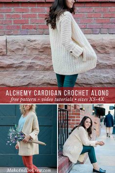 the alchemy cardigan crochet along pattern is shown in three different styles