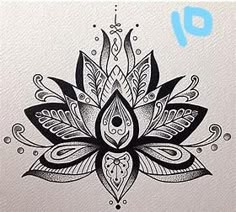 a black and white drawing of a lotus flower with intricate designs on it's petals