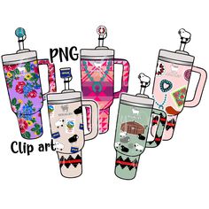 four different colored coffee mugs with designs on them and the words png clip art