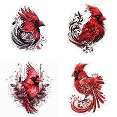 four red birds with black and white designs on them