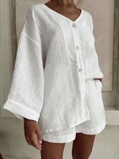 Fashionable cotton and linen shirts, shorts and casual suits White-S American Summer, Mode Inspo, Two Piece Set, Two Piece Sets, Shorts Set, Women's Casual, New Woman, Linen Shirt, Look Fashion