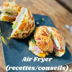 some food on a black plate with the words air fryer recettes / consels