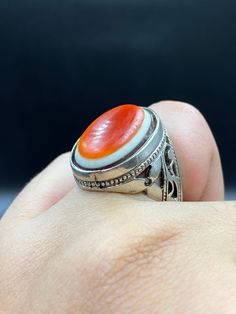 Very Beautiful Old Antique Afghani Ring Red Agate Silver Engraved On Sides Ring, Size 9.5 US Agate Rings With Natural Stones, Classic Agate Ring, Classic Agate Round Rings, Classic Round Agate Ring, Unique Round Agate Ring, Artisan Red Ring For Gift, Traditional Agate Cabochon Rings, Classic Agate Gemstone Rings, Red Carnelian Ring With Polished Finish