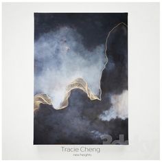 an abstract painting with white lines in the sky and dark clouds behind it that reads trace cheng