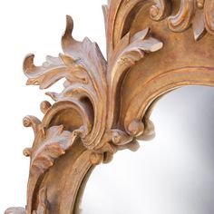 an ornately carved mirror is shown against a white background with the reflection of it's leafy design