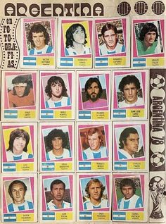 an old poster with the names of soccer players in different colors and styles on it