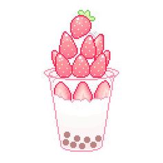 a pixelated image of strawberries in a cup on a white background with pink dots