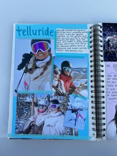 an open book with pictures of skiers and snowboarders