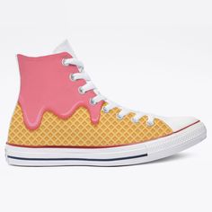 Waffle Cone with Strawberry Ice Cream dripping down all sides.  We buy each pair of blank shoes BRAND NEW directly from Converse. The ink is permanent and will never come off. Made in the USA. This price includes everything: shoes, artwork, and shipping. Thanks for stopping by our Etsy shop! Please message us with any questions! Looking for this style on low top Converse? Shop here: https://etsy.me/43D4PF4 Sizes listed are in US sizing scale. If you have any issues with your order, please feel f Waffle Cone Ice Cream, Ice Cream Shoes, Cone Ice Cream, White High Top Converse, High Top Chucks, Converse High Top, Low Top Converse, Halloween Shoes, Nike Converse