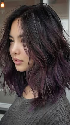 25 Burgundy Hair Ideas to Achieve Your Dream Makeover Purple Brunette Hair Balayage, Black Tinted Hair, Dark Color Hair Dye Ideas, Violet Brown Hair With Highlights, Purple And Brunette Hair, Black Hair With Purple Tint, Dark Brown Hair With Purple, Purple Tips Hair, Subtle Purple Highlights