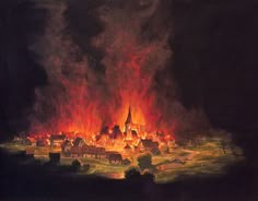 an image of a large fire burning in the sky over a town with buildings on it