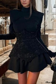 Oliviamark - Peplum Skater Dress in a Sparkling, Rhinestone-Embellished Style Round Collar Dress, Black Collared Dress, Black Mock Neck, Sleeveless Skirt, Corset Mini Dress, Pleated Mini Dress, Mini Dresses For Women, Dress Crafts, Looks Chic