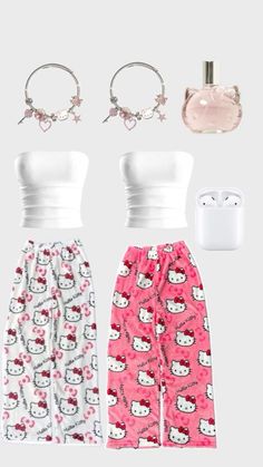 So cute 🍒 Cute Matching Pajamas For Best Friends, Best Friend Matching Pajamas, Hello Kitty Pants Outfit, Matching Fits Friends, Matching Outfits For Friends, Matching Clothes For Best Friends, Matching Best Friend Outfits, Hello Kitty Pajama Pants, Hello Kitty Style