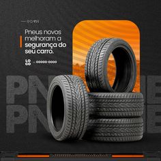 four tires stacked on top of each other in front of an orange and black background