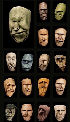 many masks with different facial expressions are arranged in the shape of people's faces