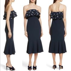 Cinq Sept Navy Blue Eza Strapless Ruffle Flounce Midi Cocktail Dress Embroidered Ruffle Flounce Midi Dress Aprox 40' Length Fabric: Crepe De Chine Midi Length Strapless Sleeveless Hidden Zip At Side Hook-And-Eye At Side Open Back Shell: 69% Triacetate/31% Polyester Lining: 95% Polyester/5% Spandex Dry Clean Cinq A Sept, Midi Cocktail Dress, Midi Length, Open Back, Colorful Dresses, Cocktail Dress, Dry Clean, Midi Dress, Navy Blue