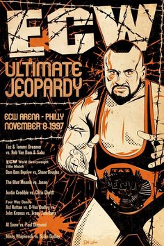 an old poster with a wrestler holding a knife in it's right hand and the words flow ultimate jeopary written below