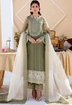 Embroidered Organza Pakistani Suit in Dusty Green Akbar Aslam, Vogue Clothing, Organza Suit, Dupatta Border, Organza Suits, Clothing Studio, Pakistani Style, Chiffon Collection, Embroidered Organza