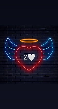 a neon heart with angel wings and the letter r on it is lit up against a brick wall