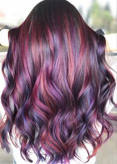 Dark Spring Hair, Multicolored Highlights, Joico Color Intensity, Dark Spring, Purple Hair Highlights, Balayage Ideas, Magenta Hair, Joico Color, Spring Hair Color