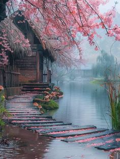 an image of a beautiful scenery with pink flowers on the trees and in the water