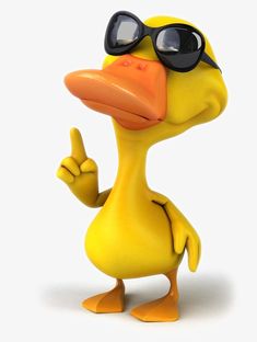 a yellow duck wearing sunglasses and giving the thumbs up sign with his right hand, on a white background