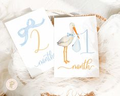 two greeting cards with seagulls on them and the numbers 1, 2, 4, 5